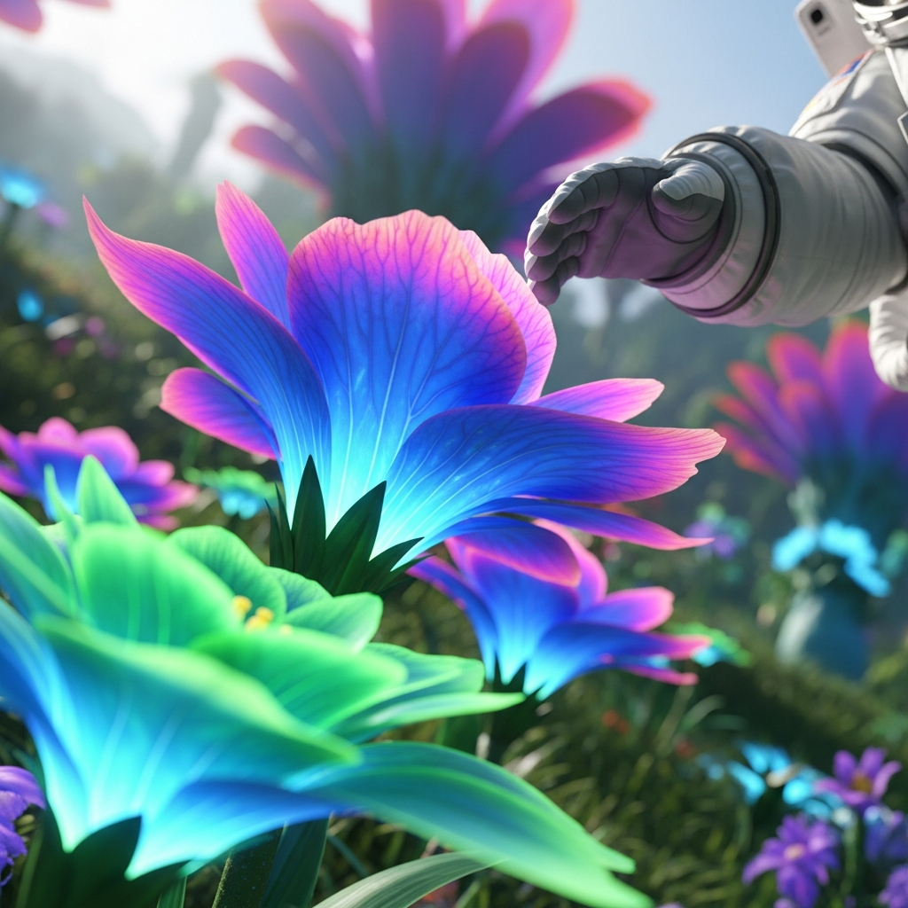 AI-generated detail shot — bioluminescent petals tilting toward the astronaut